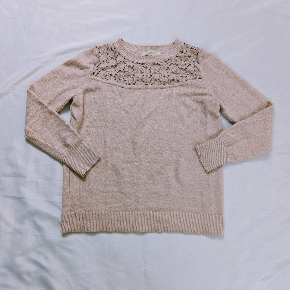 Loft Dusty Rose/Light Pink Sweater Size Medium w/Floral Lace - Picture 3 of 5